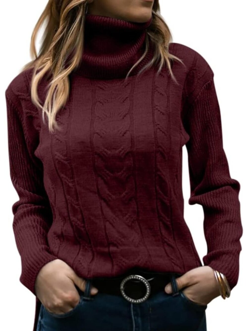 🆕 Women's Wine Red Long Sleeve Cable Knit Turtleneck Cozy Pullover Sweater